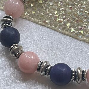 Pink and Blue Beaded Bracelet with Silver Accents